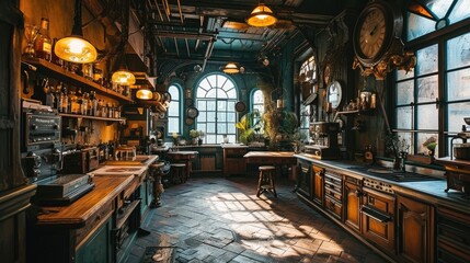 Cozy vintage cafe interior with rustic decor and warm sunlight filtering through large windows.
