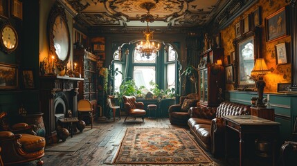 Elegant vintage interior of a luxurious living room with antique furniture and classic decor. Cozy and sophisticated ambiance. - obrazy, fototapety, plakaty