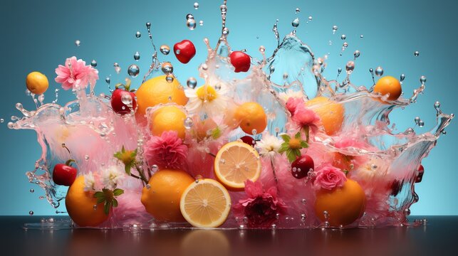 fruit and flowers splashing into water