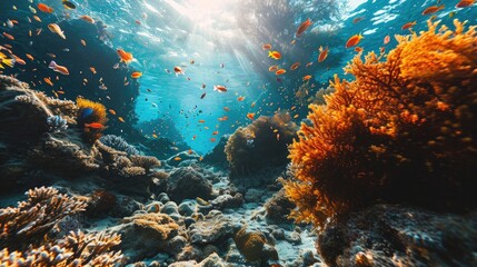 Fototapeta na wymiar Colorful underwater scene with fish swimming around a vibrant coral reef, illuminated by rays of sunlight.