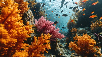 Fototapeta na wymiar Vibrant underwater scene of a coral reef teeming with colorful tropical fish and marine life, perfect for nature and adventure themes.