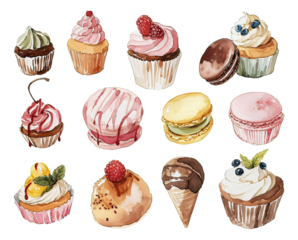 set of cakes watercolor texture decorative stickers