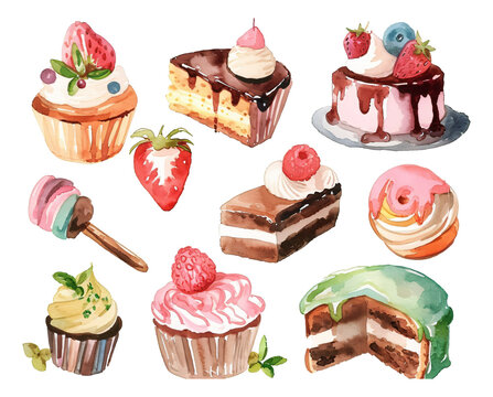 set of cakes watercolor texture decorative stickers