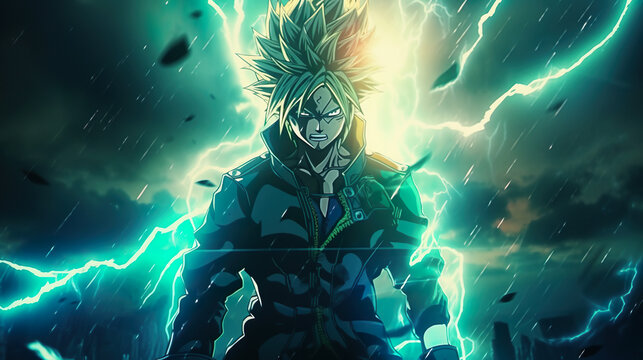 Anime-Held im Sturm der Energie