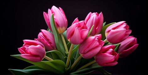 Bouquet of pink tulips on dark background with space for text