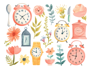 clock and flowers watercolor texture decorative stickers