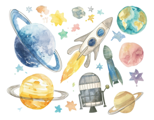 set of space elements watercolor texture decorative stickers