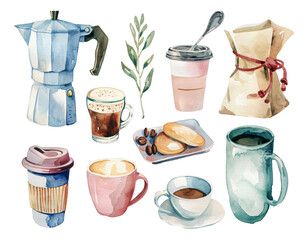 set of cups of coffee watercolor texture decorative stickers
