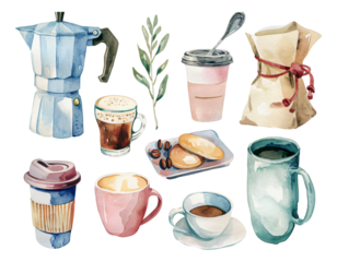set of cups of coffee watercolor texture decorative stickers