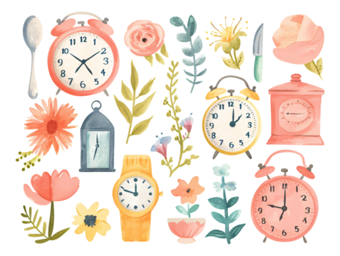 clock and flowers watercolor texture decorative stickers
