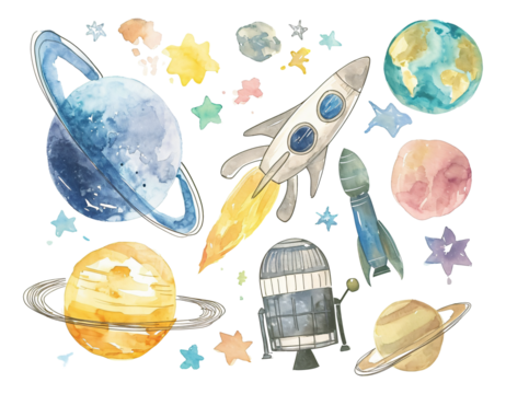 set of space elements watercolor texture decorative stickers