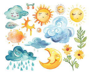 set of weather icons watercolor texture decorative stickers