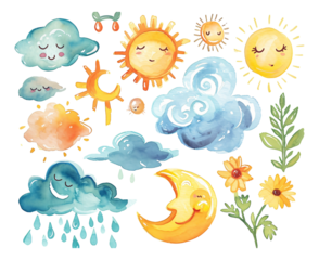set of weather icons watercolor texture decorative stickers