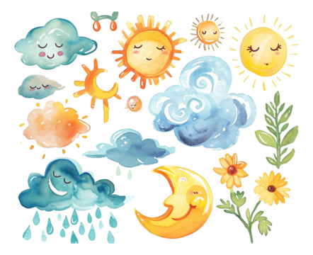 set of weather icons watercolor texture decorative stickers - Powered by Adobe