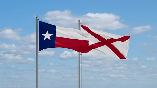 Alabama and Texas US state flags waving together on cloudy sky, endless seamless loop
