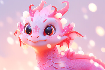 Cute pink cartoon dragon with ornaments on pastel background. Chinese New Year 2024 card banner. Holiday template with copy space