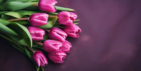 Bouquet of pink tulips on dark background with space for text