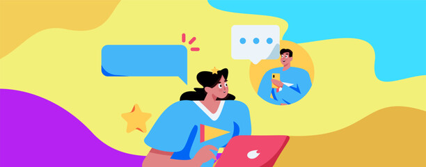 Virtual characters social communication concept business flat vector hand drawn illustration
