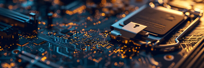 secure connection or cybersecurity service concept of compute motherboard closeup and lock with login and connecting verified credentials as wide banner design with copyspace area - - obrazy, fototapety, plakaty