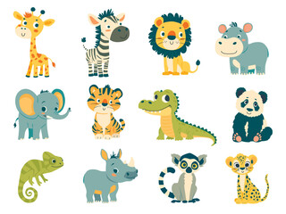 Set of cartoon african animals. A Giraffe, a lion, an elephant, a zebra, a hippo, a lemur, a cheetah etc