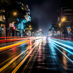 Fototapeta na wymiar A busy city street with streaks of car lights at night.