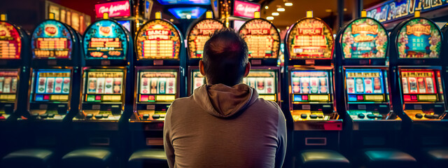 atmosphere of a casino, with a person sitting in front of a row of colorful slot machines, engrossed in the game, the bright lights reflecting the excitement of gambling