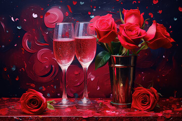 tarjeta de felicitacion de San Valentin con copas de  champan,  jarron dorado con rosas y fondo desenfocado rojo - obrazy, fototapety, plakaty