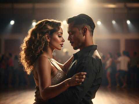 Man and woman Young couple dancing a social dance kizomba or bachata or semba or taraxia in the background of a dance class.