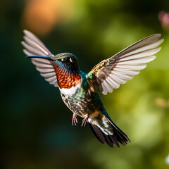 Close-up of a hummingbird in mid-flight.