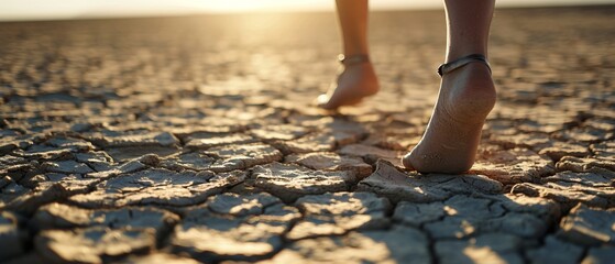 Bare feet walk on the dry desert floor due to drought. Climate change concept - obrazy, fototapety, plakaty