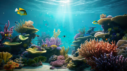 Lebendiges Korallenriff mit tropischen Fischen unter Wasser