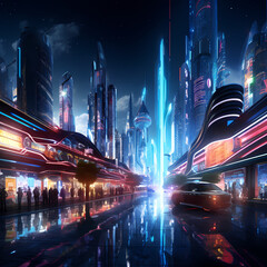 A futuristic cityscape with neon lights.