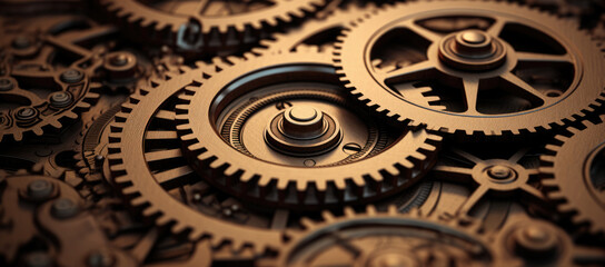 Clock mechanism, gold gears close-up background texture background - obrazy, fototapety, plakaty