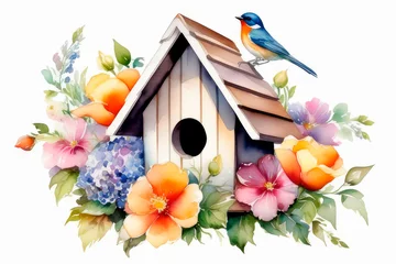 Foto op Plexiglas Composition with birdhouse and flowers around it and birds on white background. © elena_hramowa