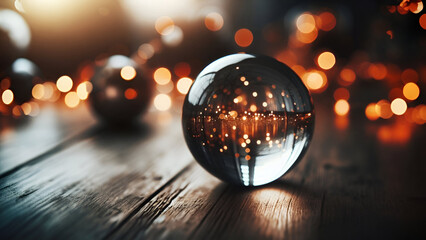 A clear, reflective glass ball placed on a wooden floor.