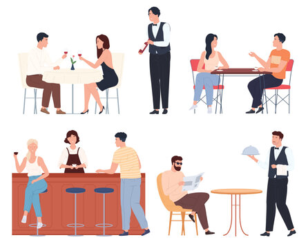People are sitting at the tables and the bar counter in the cafe restaurant. Business lunch, romantic date, morning coffee. Waiters serve customers. Vector illustration
