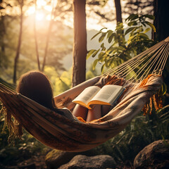 A person reading a book in a hammock.