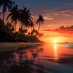 A serene beach at sunset with palm trees and a colorful sky.