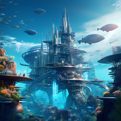 A futuristic underwater city with marine life.