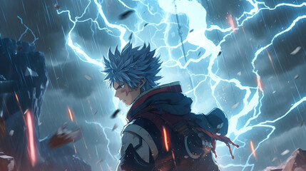 Anime-Charakter in stürmischem Gewitter mit Blitzen - obrazy, fototapety, plakaty