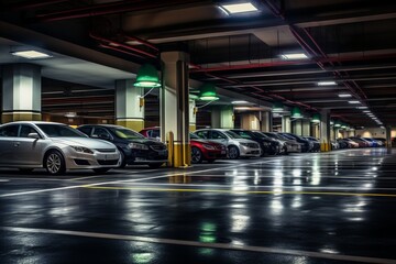 Underground parking lot with cars,  parking under an office building or shopping center - obrazy, fototapety, plakaty