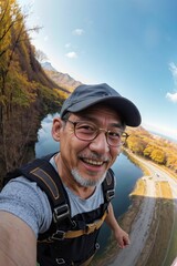 An exciting skydiving selfie of an elderly person old but fun having crazy fun laughing and enjoying life high in sky - obrazy, fototapety, plakaty