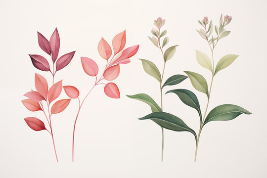 Folhagens tropicais coloridas isoladas no fundo branco - Ilustração botânica simples 