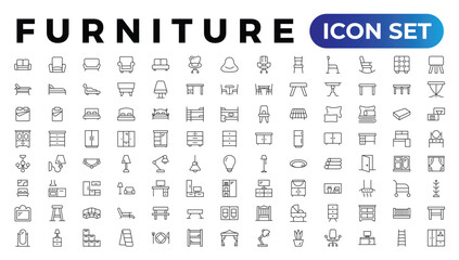 Furniture and home interior elements - thin line web icon set. Outline icons of kitchen, living room, bedroom and office collection