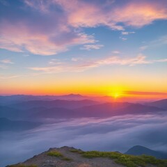 Top of the mountain view with Sunset sky with clouds background