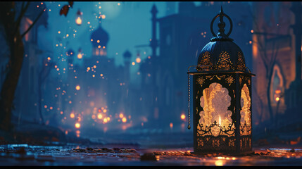 Muslim lantern with Quran and tasbih on table at night