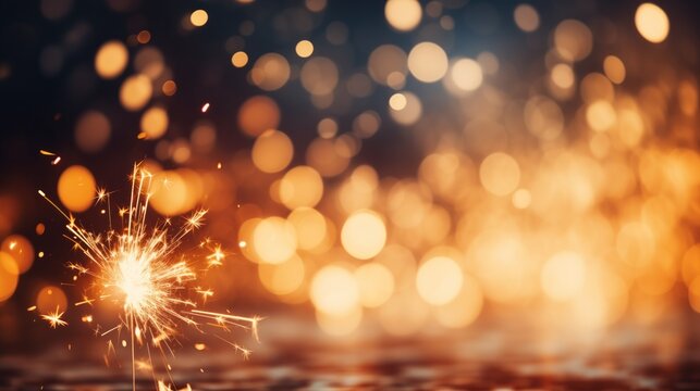 A single sparkler burns brightly against a bokeh light background, perfect for festive celebration themes and holiday marketing.