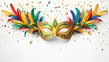Beautiful carnival mask with colorful feathers and confetti on white with copy space