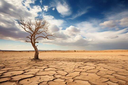 Dry tree among desert parched soil under cloudy skyDry tree among desert parched soil under cloudy sky