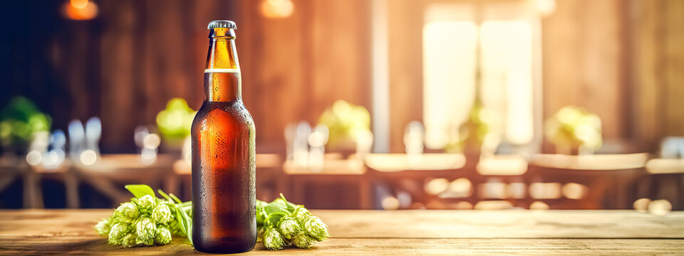single craft beer bottle with condensation, suggesting it is chilled. It's placed on a wooden table, accompanied by fresh hops, which are commonly used in brewing beer for flavor and aroma